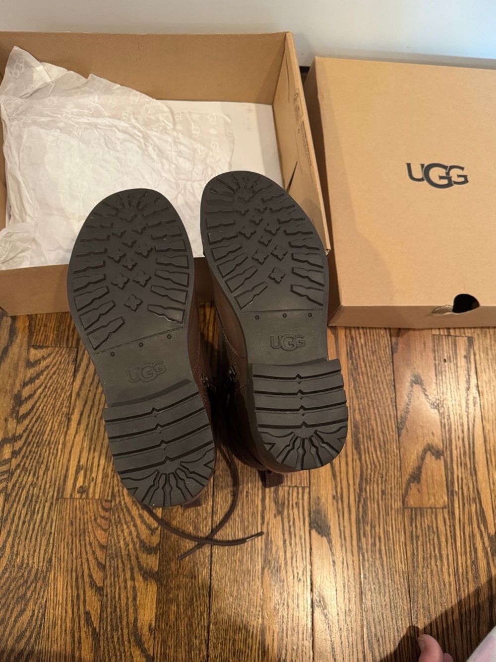IN BOX—UGG “Jaidyn” Chocolate Brown Leather Lace-Up Zip Ankle Boots with Buckle - Picture 9 of 10
